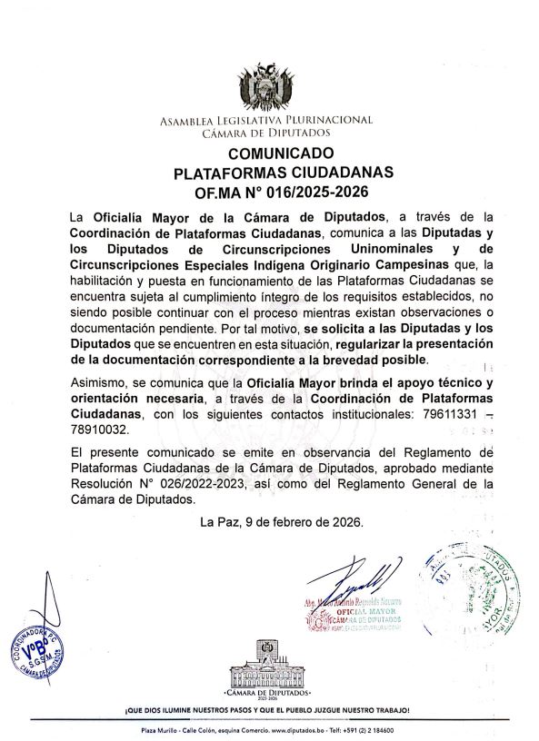 COMUNICADO PLATAFORMAS CIUDADANAS OF.MA. N° 016/2025-2026