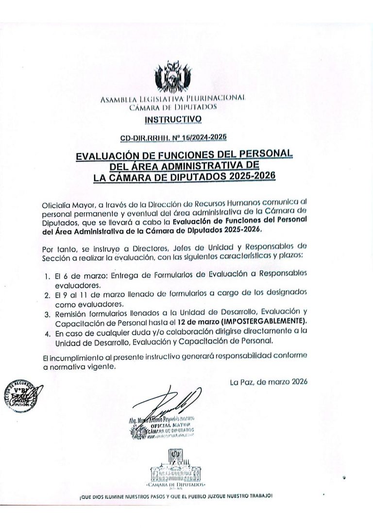 INSTRUCTIVO CD-DIR-RRHH – N° 15/ 2025-2026 EVALUACIÓN DE FUNCIONES DEL PERSONAL DEL ÁREA ADMINISTRATIVA E LA CÁMARA DE DIPUTADOS 2025-2026