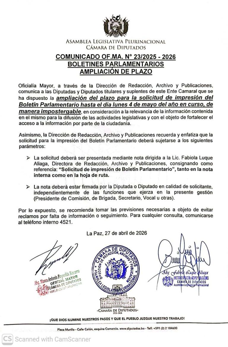 COMUNICADO OF.MA. N° 23/2025-2026 BOLETINES PARLAMENTARIOS AMPLIACIÓN DE PLAZO