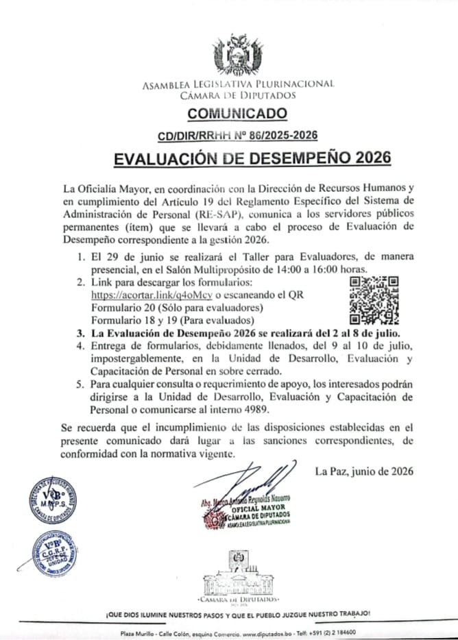 COMUNICADO CD-DIR-RRHH N°86/2025-2026 EVALUACIÓN DE DESEMPEÑO 2026