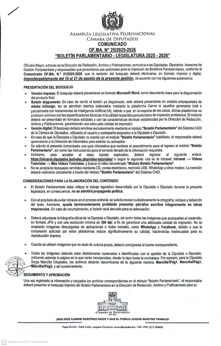 COMUNICADO OF.MA. N° 25/2025-2026 «BOLETÍN PARLAMENTARIO – LEGISLATURA 2025 – 2026»